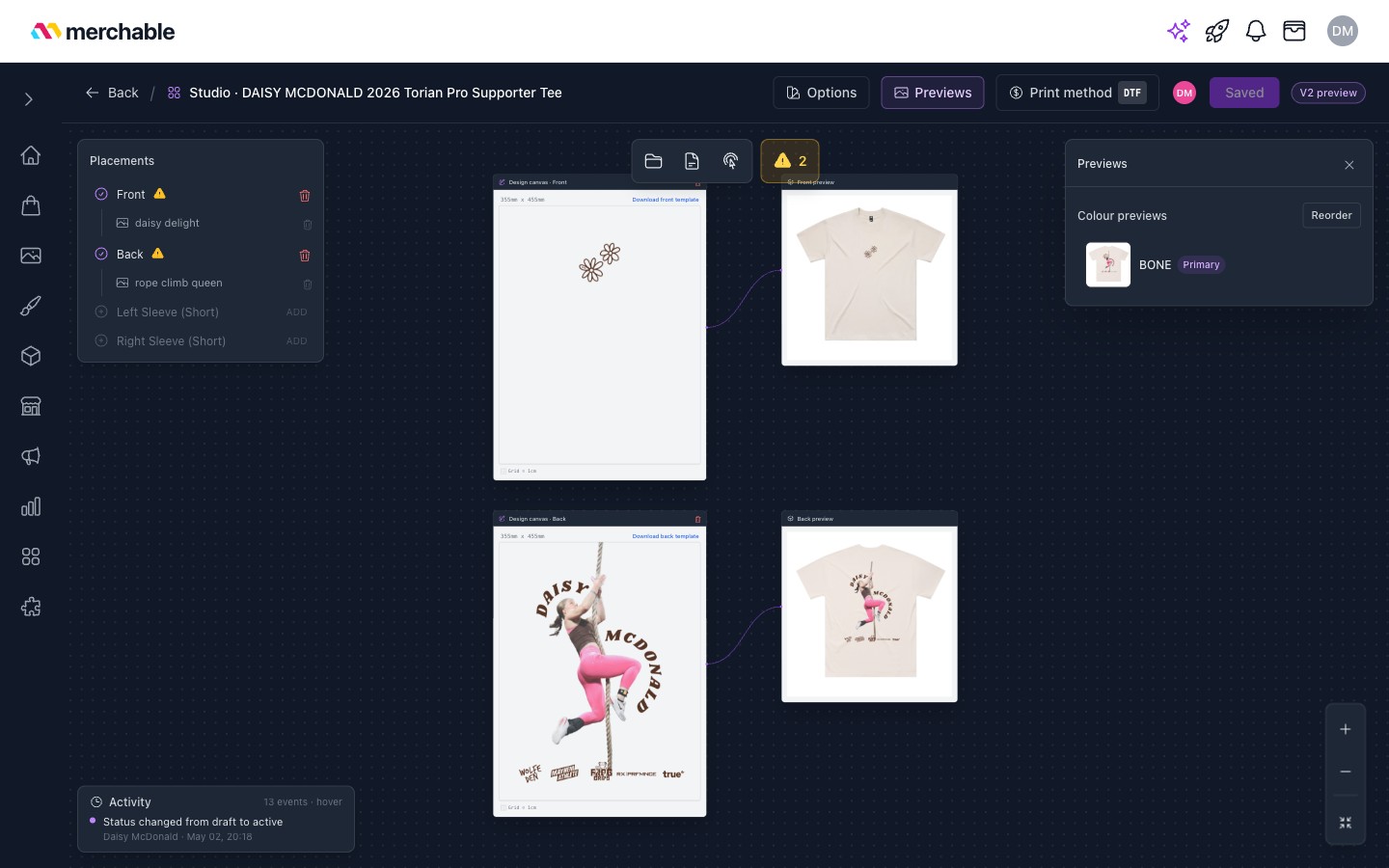 Design Studio: front and back artwork with live tee previews